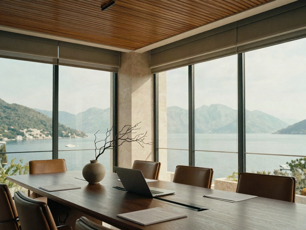 A contemporary executive boardroom overlooking the Adriatic, prepared for a strategic review